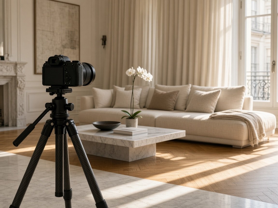 Fotokamera und Staging in einem eleganten Wohnzimmer